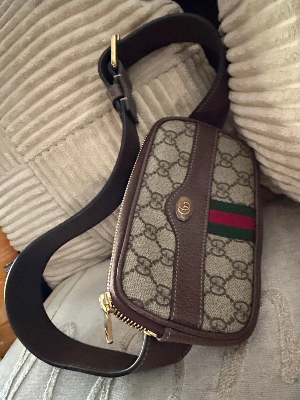 Gucci Brown GG Supreme Belt Bag with Green and Red Stripe